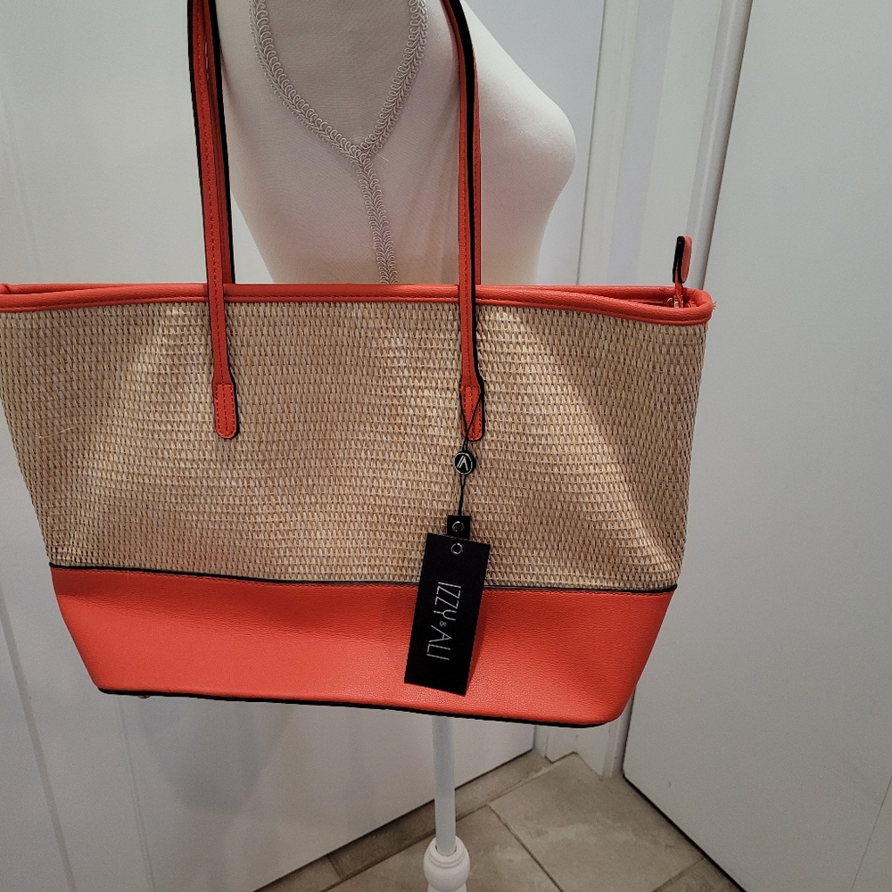 NWT Izzy & Ali straw and orange vegan leather zip top tote bag